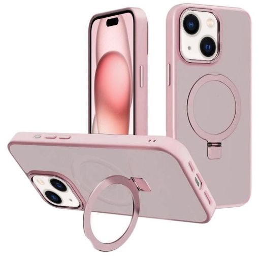 iPhone 15 Plus Pink Metal Lens Frame MagSafe Holder Frosted Case - 1