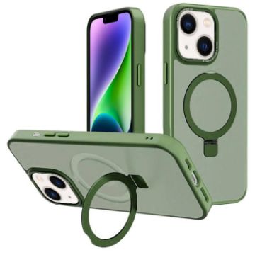 iPhone 14 Dark Green Metal Lens Frame MagSafe Holder Frosted PC Case - 1
