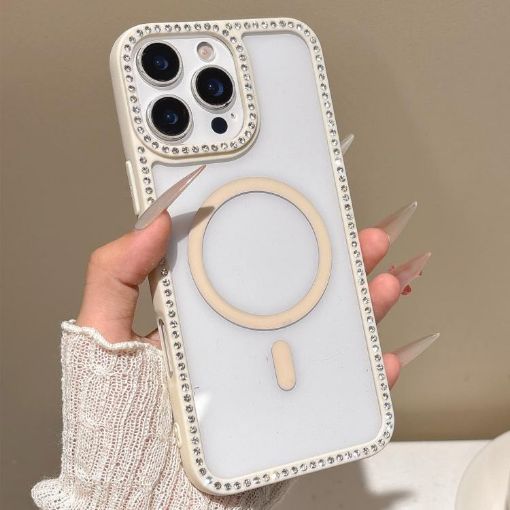 iPhone 16 Pro Max Rhinestone Frame MagSafe Case Beige Large Lens Hole - 1