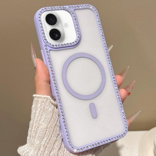 iPhone 16 Plus MagSafe Case with Large Lens Hole & Rhinestone Frame - Purple - 1