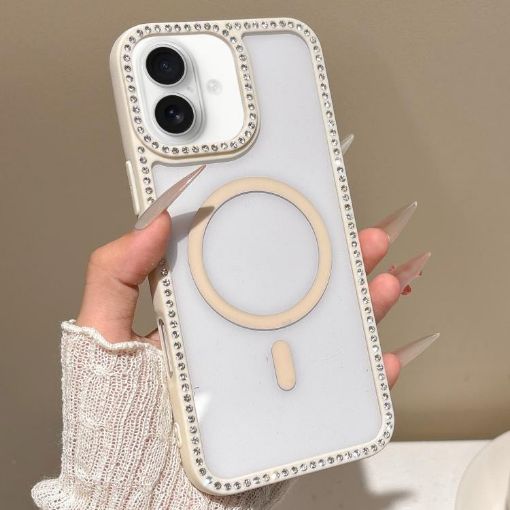 iPhone 16 MagSafe Case Beige with Large Lens Hole & Rhinestone Frame - 1
