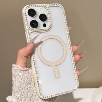 iPhone 15 Pro Max Rhinestone Frame MagSafe Case Beige Large Lens Hole - 1
