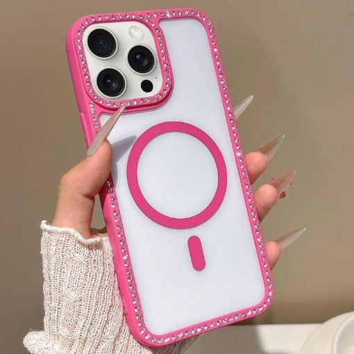 iPhone 15 Pro Rose Gold Rhinestone MagSafe Case with Large Lens Hole - 1