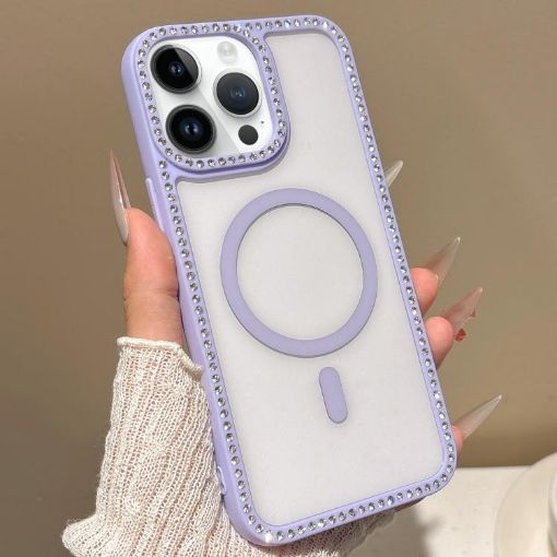 iPhone 14 Pro Max Rhinestone Frame MagSafe Case - Large Lens Hole Purple - 1