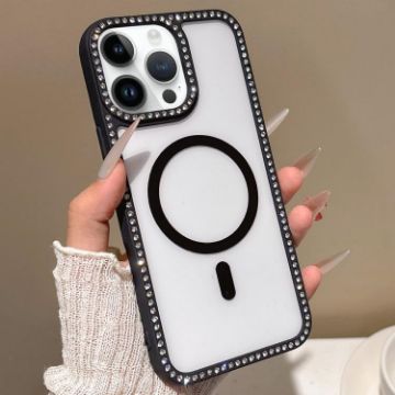 iPhone 14 Pro Max Rhinestone Frame MagSafe Case Black Large Lens Hole - 1