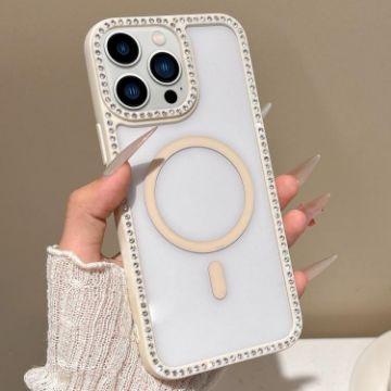 iPhone 13 Pro MagSafe Case with Large Lens Hole & Rhinestone Frame Beige - 1