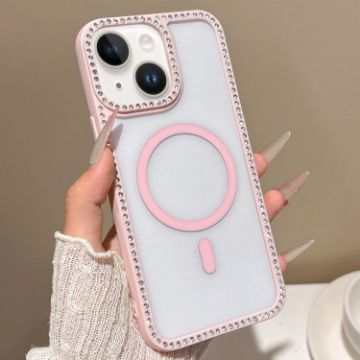 iPhone 13 MagSafe Case Pink with Large Lens Hole & Rhinestone Frame - 1