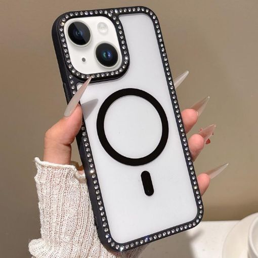iPhone 13 MagSafe Case Black with Large Lens Hole & Rhinestone Frame - 1