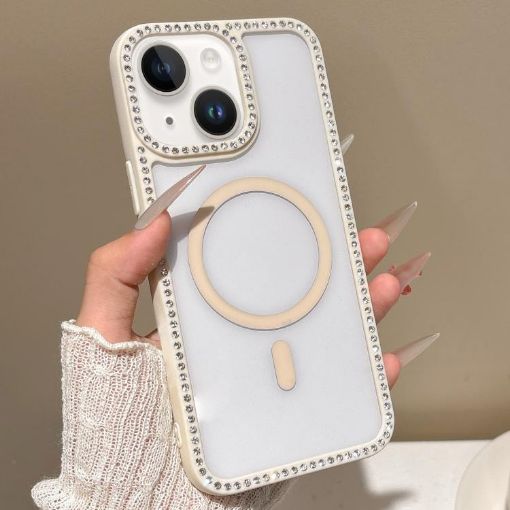 iPhone 13 MagSafe Case Beige with Large Lens Hole & Rhinestone Frame - 1