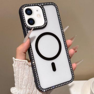 iPhone 12 MagSafe Case Black with Large Lens Hole & Rhinestone Frame - 1