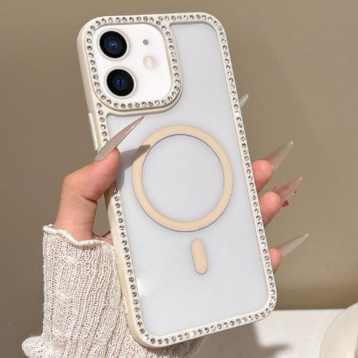 iPhone 12 MagSafe Case Beige with Large Lens Hole & Rhinestone Frame - 1
