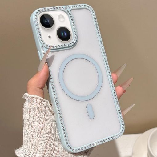 iPhone 15 Plus Blue Rhinestone Frame MagSafe Case with Large Lens Hole - 1