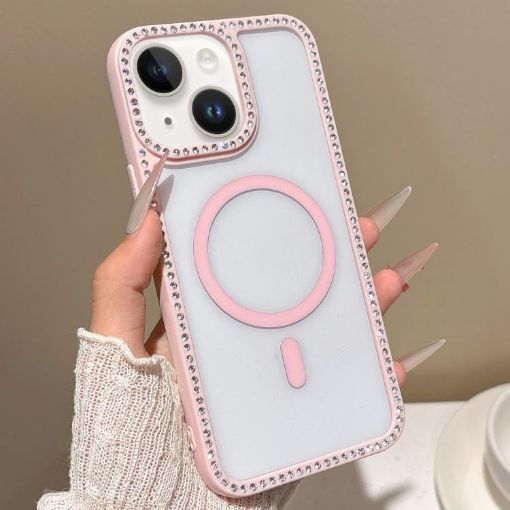 iPhone 14 Plus Pink Rhinestone Frame MagSafe Case with Large Lens Hole - 1