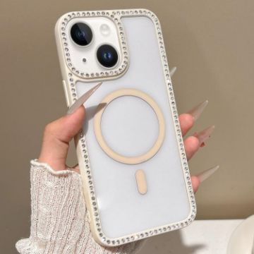 iPhone 14 Plus Rhinestone Frame MagSafe Case Beige Large Lens Hole - 1