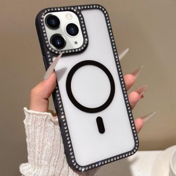 iPhone 11 Pro Max Rhinestone Frame MagSafe Case Black Large Lens Hole - 1