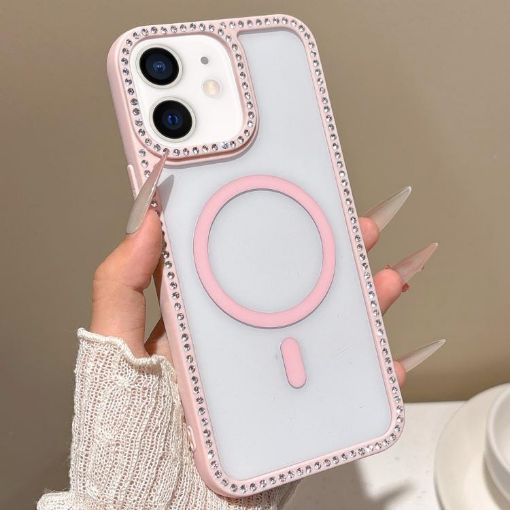 iPhone 11 Pink Rhinestone Frame MagSafe Case with Large Lens Hole - 1