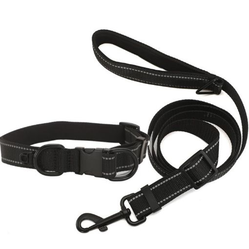 Reflective Pet Collar & Leash Set, Waterproof, Size S, Black Buckle - 1