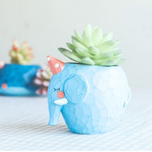 Blue Elephant Resin Animal Planter - Home Garden Office Decor Pot - 1