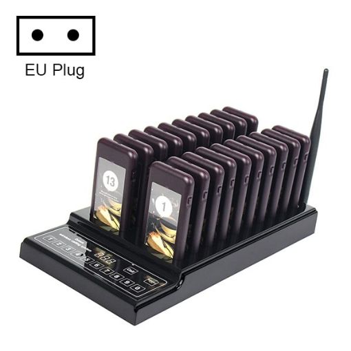 QC100 999 Channel Wireless Paging System with 20 Coaster Pagers, EU Plug - 1