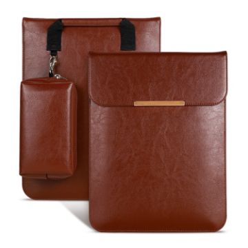 13.3" 2-in-1 Laptop Sleeve & Mouse Storage Bag - Brown PU Leather - 1