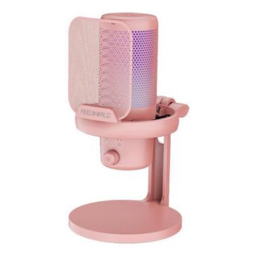FEELWORLD VM1 USB Condenser Gaming Microphone - Pink, Noise Cancel, RGB - 1