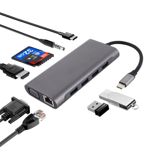 11-in-1 USB-C Hub: VGA, LAN, 4 USB 3.0, SD/TF, HDMI, Audio, Dark Gray - 1