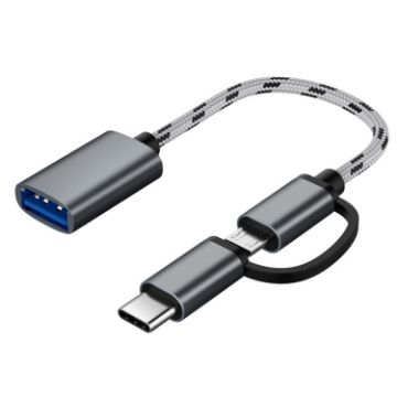 USB 3.0 Female to Micro USB & USB-C Male OTG Adapter Cable 17cm Grey - 1