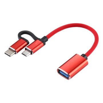 USB 3.0 Female to Micro USB & USB-C OTG Adapter Cable, 11cm Red - 1