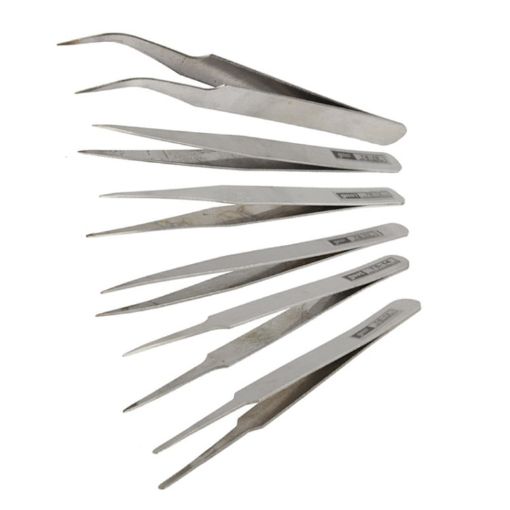 6 PCS Stainless Steel Tweezers TS-10/11/12/13/14/15 Straight & Angled - 1
