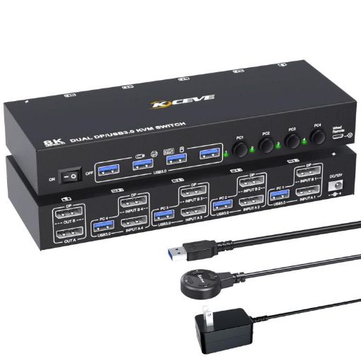 8K 30Hz Dual Monitor KVM Switch - 4 Input 2 Output DP/USB3.0, US Plug - 1