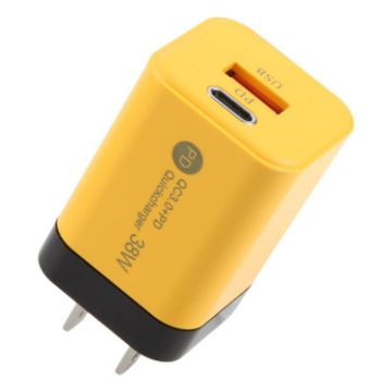 KO-72 38W QC3.0 USB & USB-C PD Quick Charger, US Plug - Yellow - 1