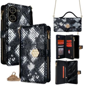 Redmi A5 4G Snake Texture Leather Phone Case Black Crossbody Handle - 1