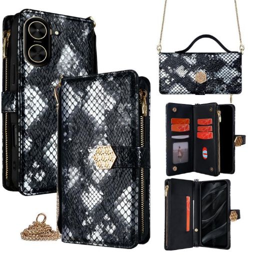 Redmi A5 4G Snake Texture Leather Phone Case Black Crossbody Handle - 1