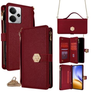 Realme 14 5G Red Leather Crossbody Phone Case - Cross Texture Handle - 1