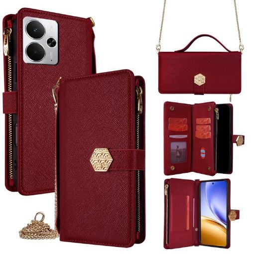 Realme 14 5G Red Leather Crossbody Phone Case - Cross Texture Handle - 1