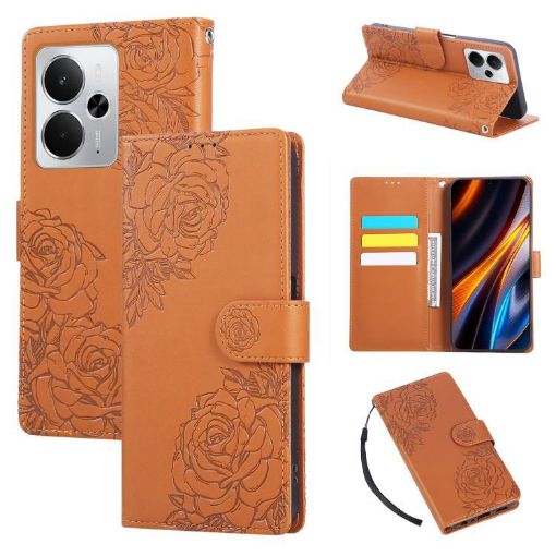 Realme 14 5G Rose Flower Embossed Leather Case with 3 Card Slots Brown - 1