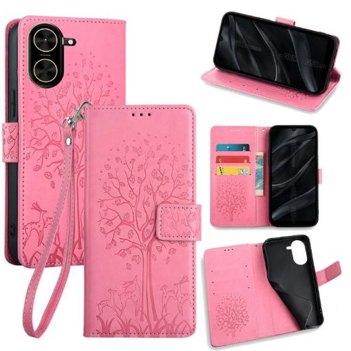Redmi A5 4G Pink Leather Phone Case - Tree & Deer Embossed Design - 1
