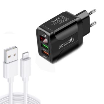 Fast Charger F002C QC3.0 USB + USB 2.0 with LED Display & 8 Pin Cable - 1