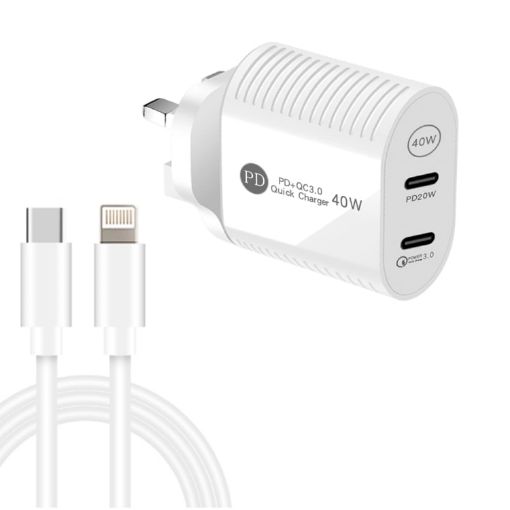 40W Dual Port PD/Type-C Fast Charger with Type-C to 8 Pin Cable, UK Plug - 1