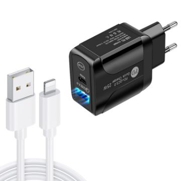 PD25W USB-C/Type-C + QC3.0 Dual Port Fast Charger with USB to 8 Pin Cable - 1