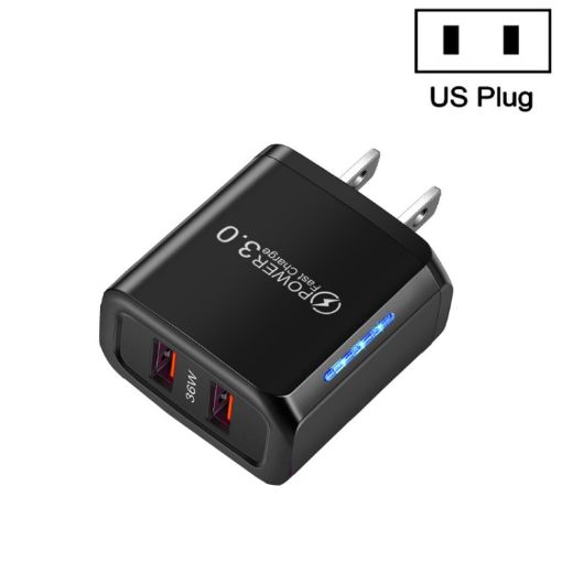 36W Dual Port QC3.0 USB Charger, Dual 18W Output, US Plug, Black - 1