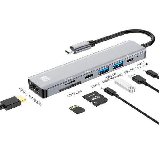 JUNSUNMAY 7 in 1 Type-C Docking Station: 4K HDMI, PD Charge, SD/TF Reader - 1