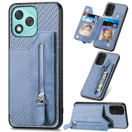For Honor 400 Lite Blue Carbon Fiber Flip Zipper Wallet Phone Case - 1