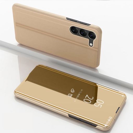 Samsung Galaxy S24 5G Gold Mirror Flip Leather Case with Holder - 1