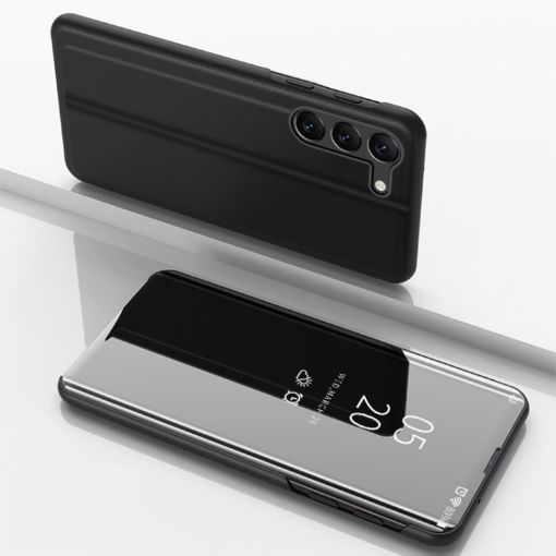 Samsung Galaxy S24 5G Mirror Flip Leather Case with Holder (Black) - 1