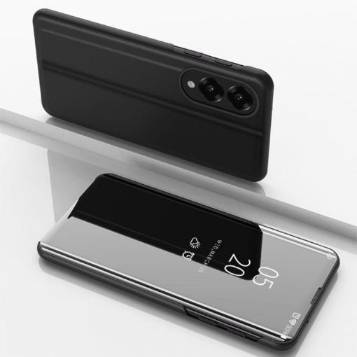 Samsung Galaxy S25 Edge 5G Mirror Flip Leather Case with Holder (Black) - 1