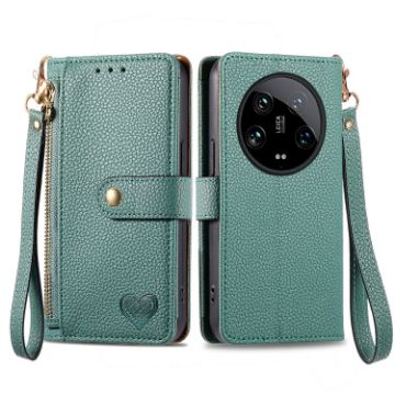 Xiaomi 14 Ultra Green Leather Phone Case with Zipper Lanyard - 1