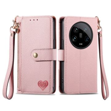 Xiaomi 14 Ultra Pink Leather Phone Case with Love Zipper Lanyard - 1