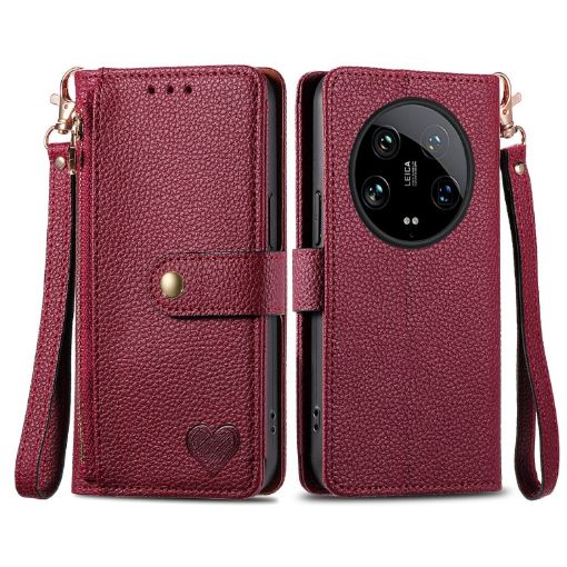 Xiaomi 14 Ultra Red Leather Phone Case with Love Zipper Lanyard - 1
