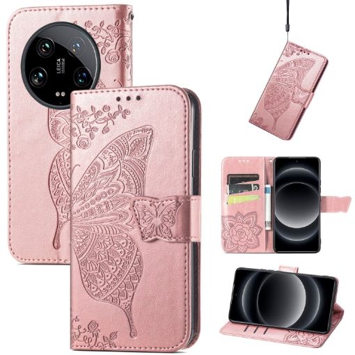 Xiaomi 14 Ultra Rose Gold Embossed Leather Phone Case - Butterfly Love - 1